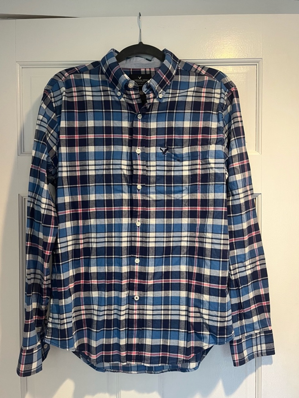 American Eagle Outfitters Blue Plaid Button-Down Shirt Spring